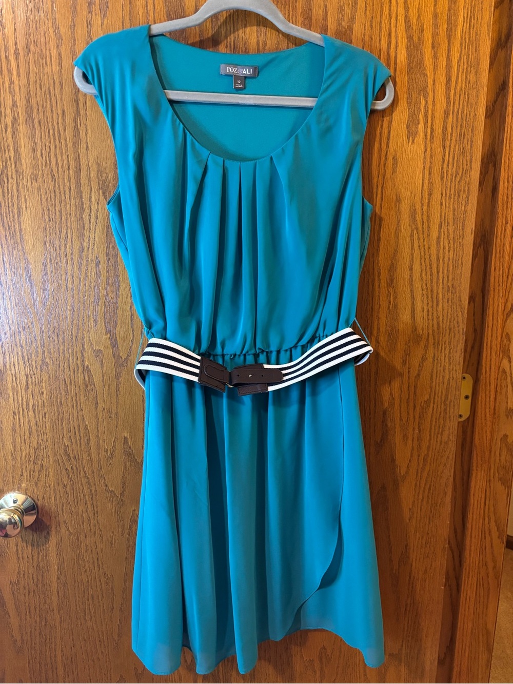 Roz & Ali Teal Sleeveless Pleated Waist Dress with Striped Belt